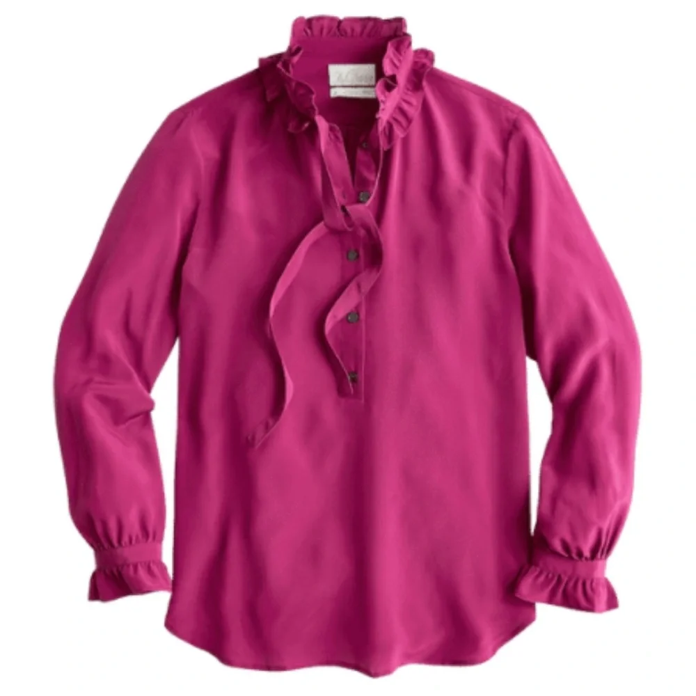 NEW J. Crew Classic-Fit Ruffle Neck Silk Popover Shirt in Pink, Size 4